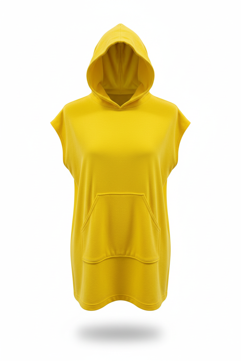 Hoodie/ dress in yellow crushed velvet with front pocket