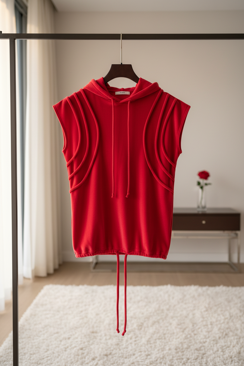 Red sleeveless hoodie with adjustable drawstrings