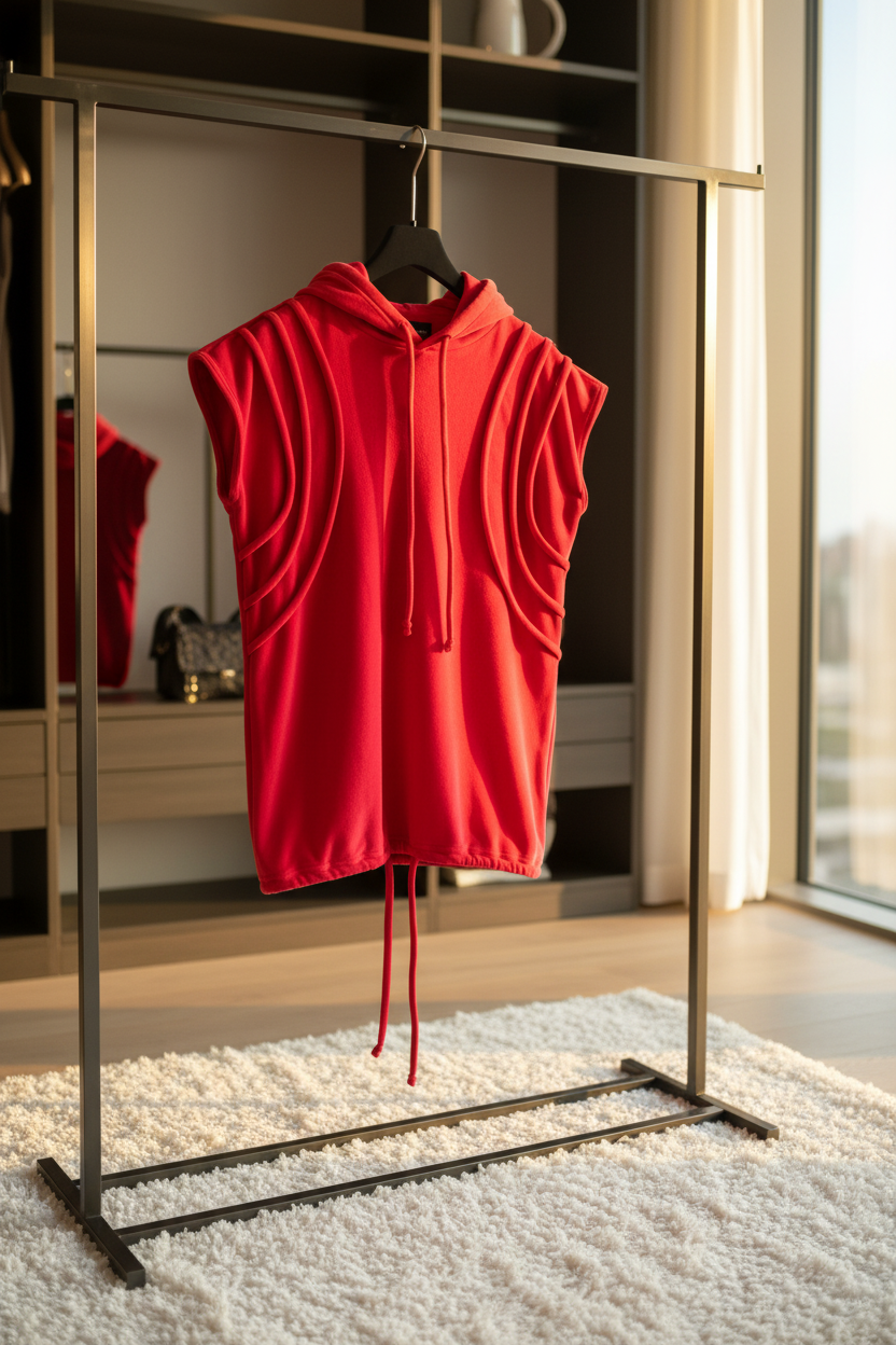 Red sleeveless hoodie with adjustable drawstrings