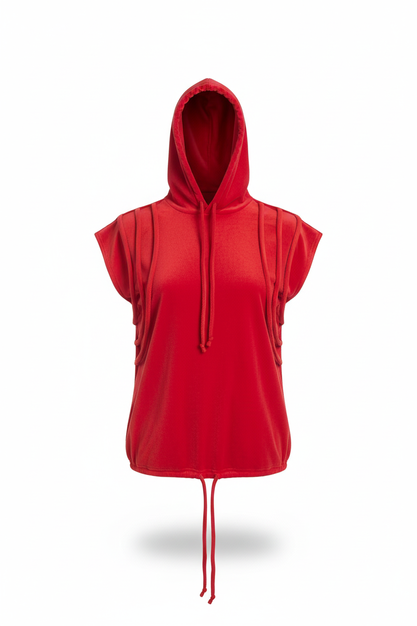 Red sleeveless hoodie with adjustable drawstrings