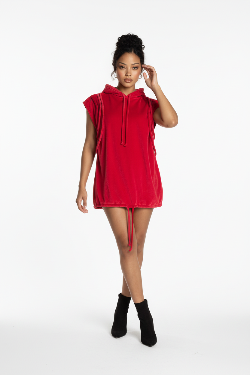 Red sleeveless hoodie with adjustable drawstrings