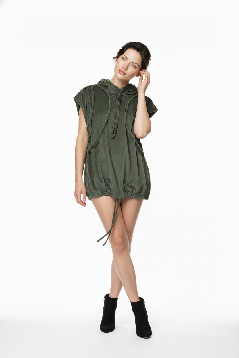 Olive green sleeveless hoodie/dress with adjustable drawstrings