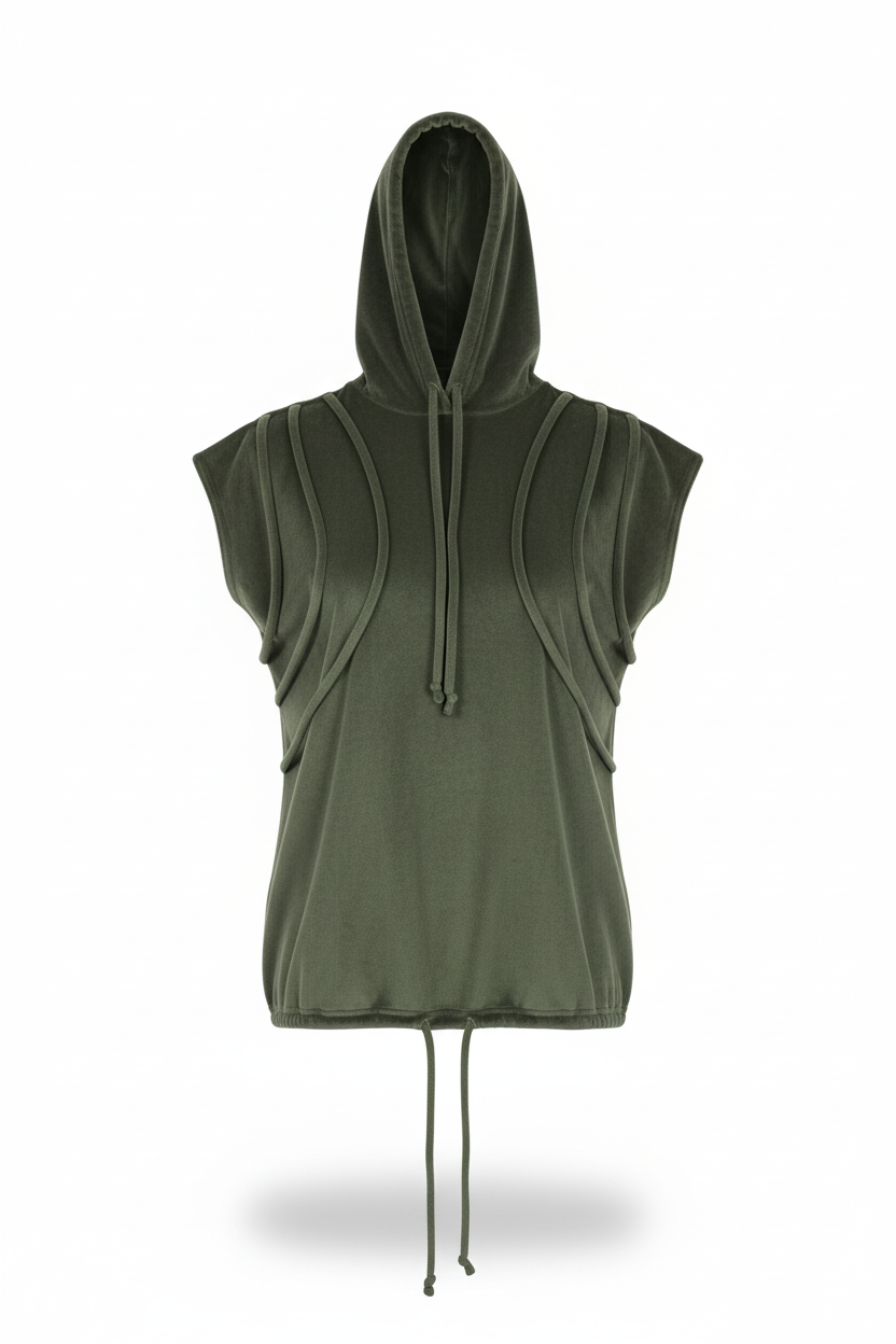 Olive green sleeveless hoodie/dress with adjustable drawstrings