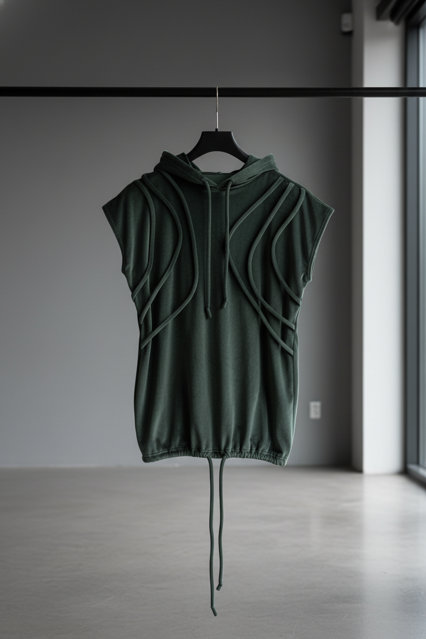 Olive green sleeveless hoodie/dress with adjustable drawstrings