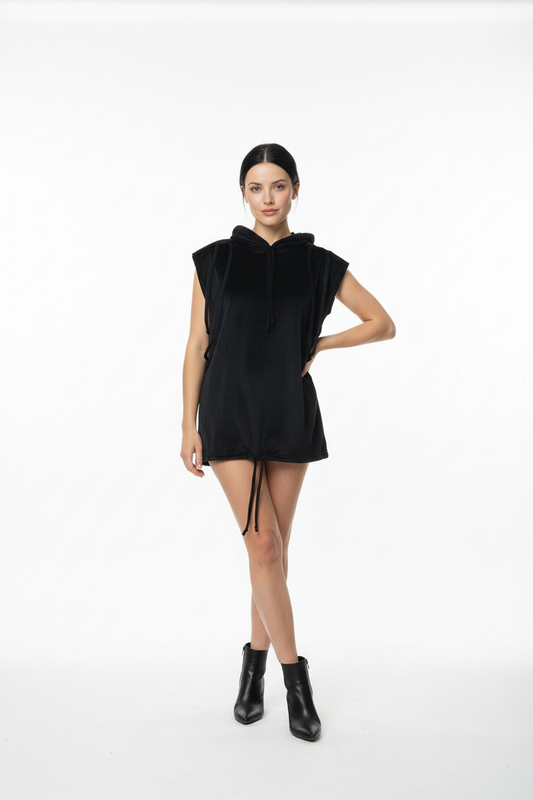 Jet black sleeveless hoodie/dress with adjustable drawstrings