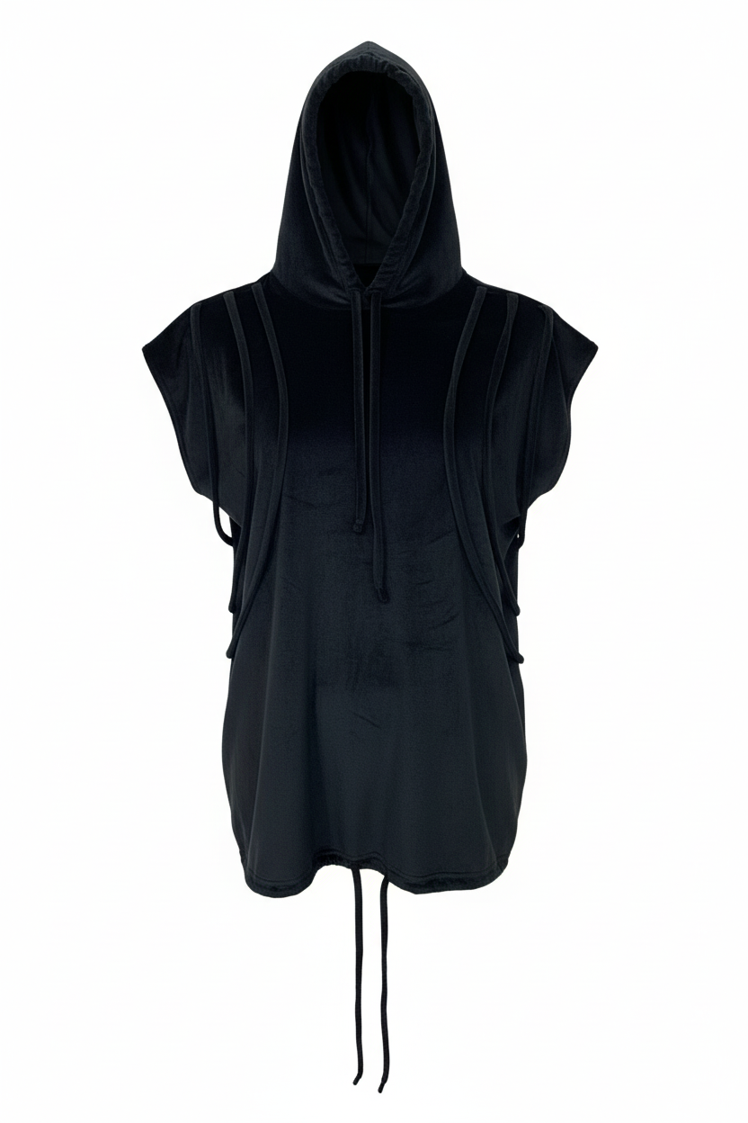 Jet black sleeveless hoodie/dress with adjustable drawstrings