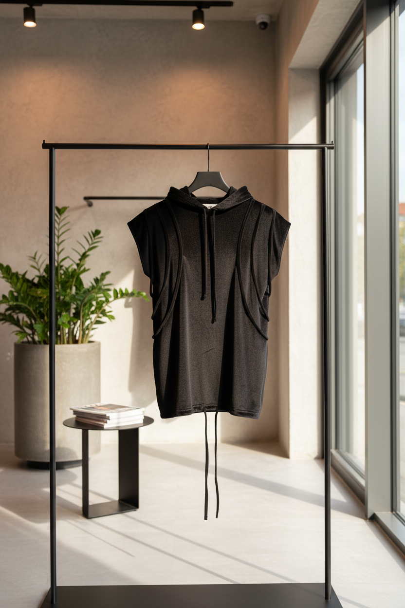 Jet black sleeveless hoodie/dress with adjustable drawstrings