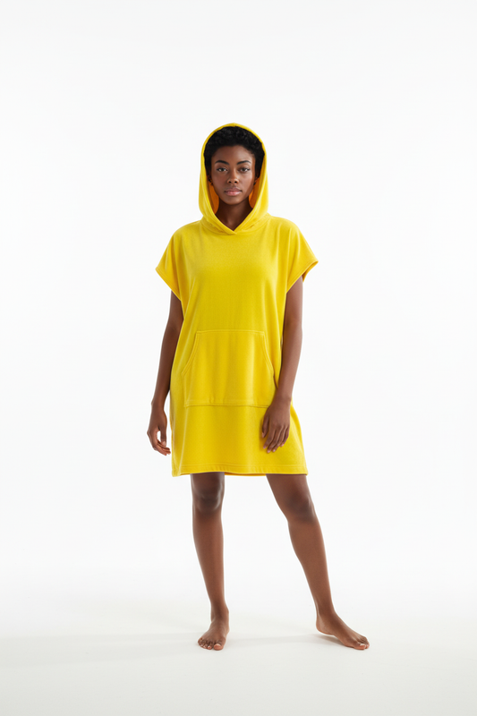 Hoodie/ dress in yellow crushed velvet with front pocket