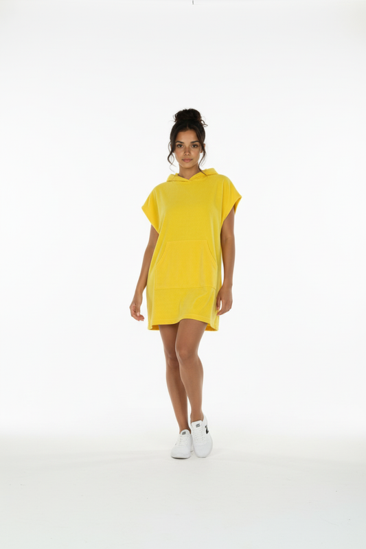 Hoodie/ dress in yellow crushed velvet with front pocket