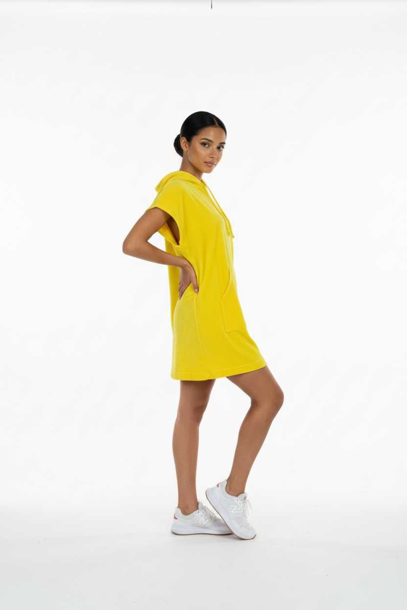 Hoodie/ dress in yellow crushed velvet with front pocket