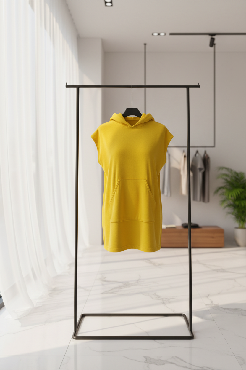 Hoodie/ dress in yellow crushed velvet with front pocket