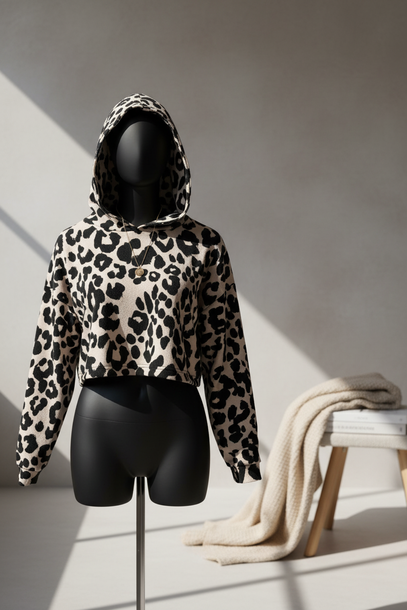 Leopard print crop top hoodie