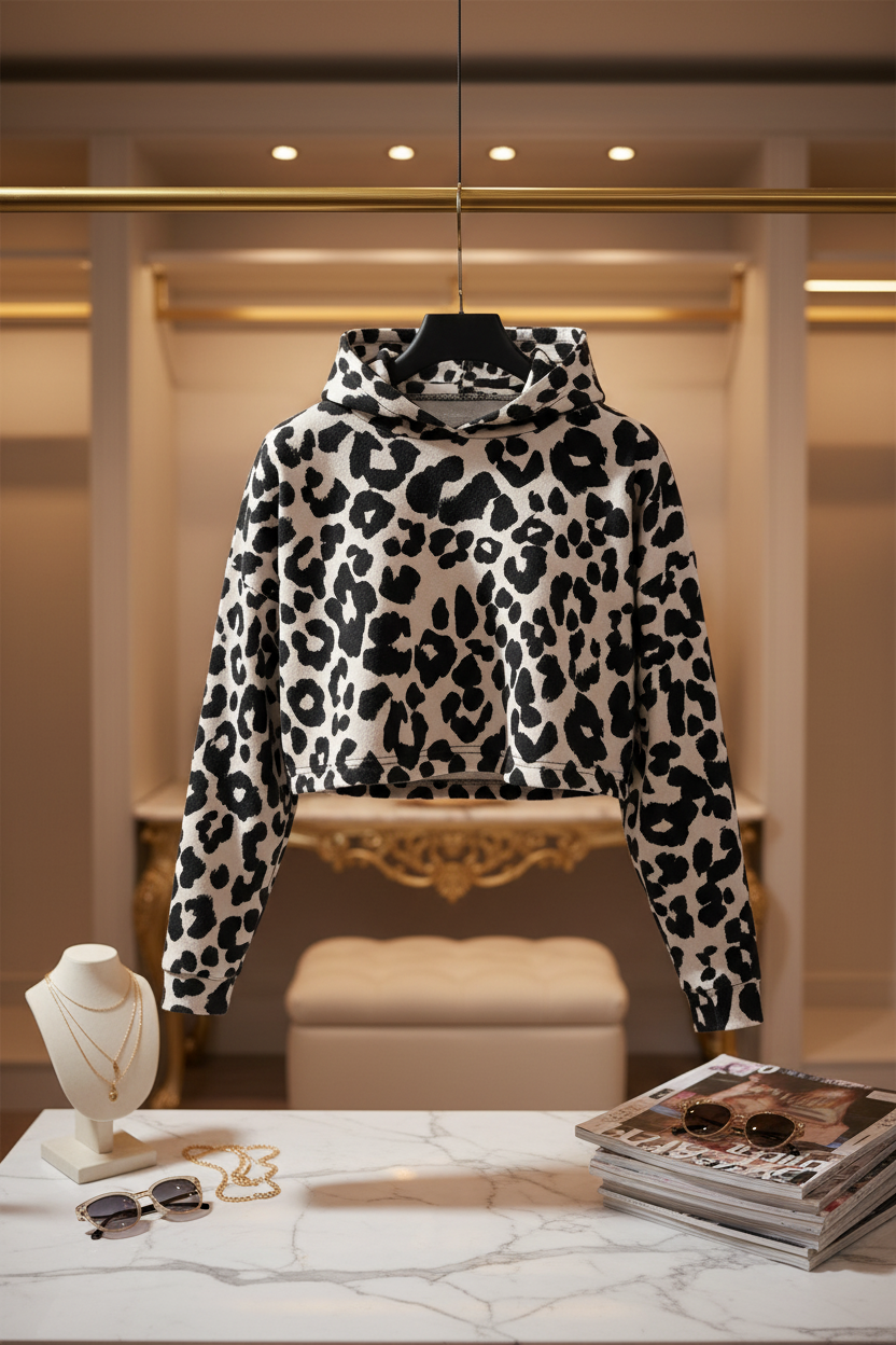 Leopard print crop top hoodie